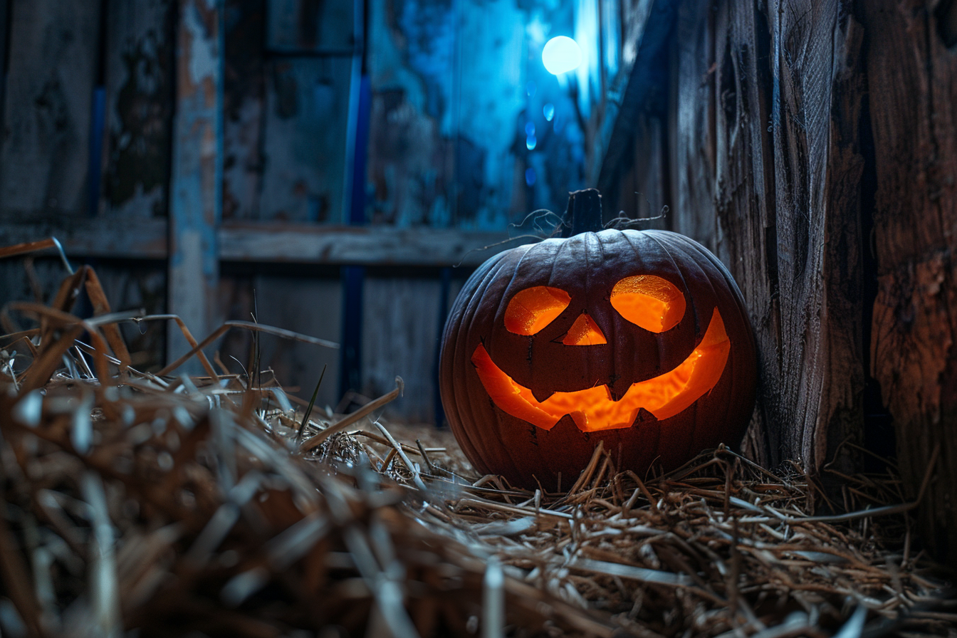 Image gratuite Citrouille jack-o-lantern maléfique dans vieille grange 2