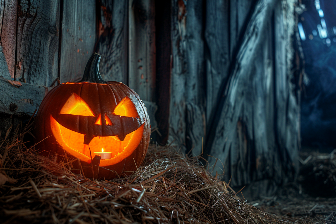 Image gratuite Citrouille jack-o-lantern maléfique dans vieille grange 3