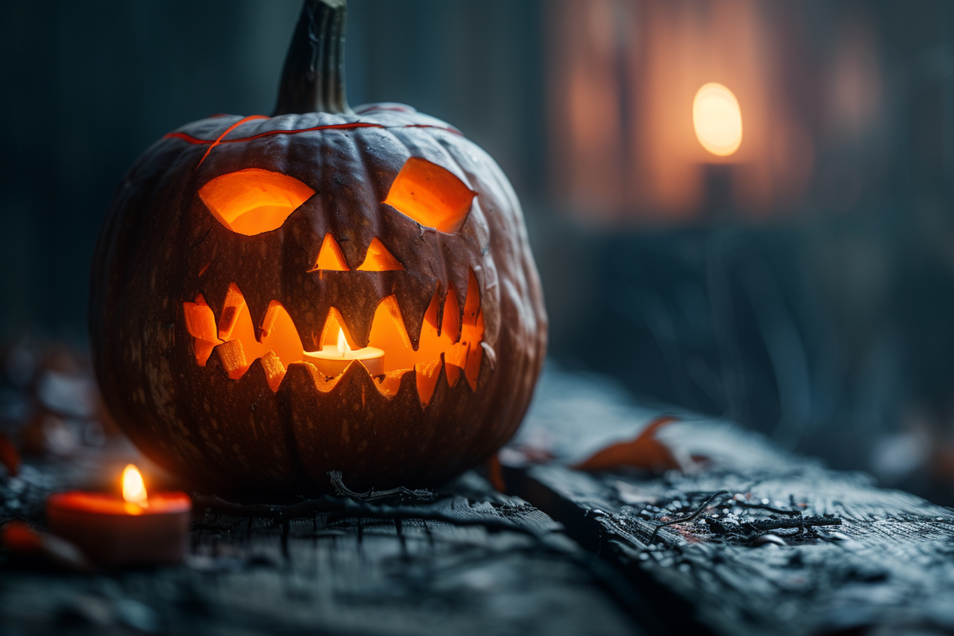 Image gratuite Citrouille jack-o-lantern maléfique sur table en bois 1