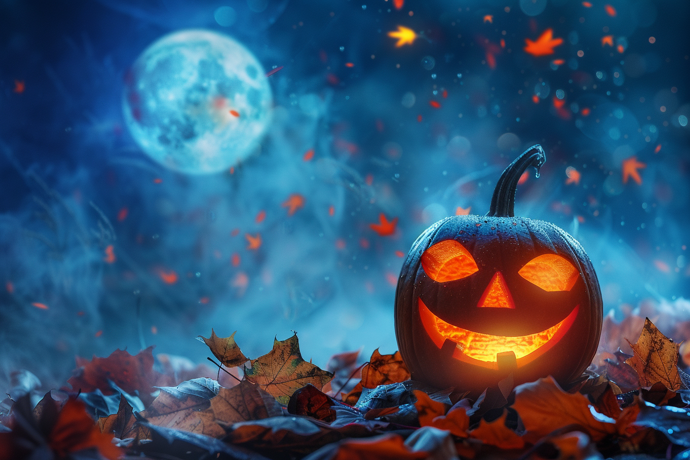 Image gratuite Citrouille jack-o-lantern monstrueuse sur feuilles automne 1