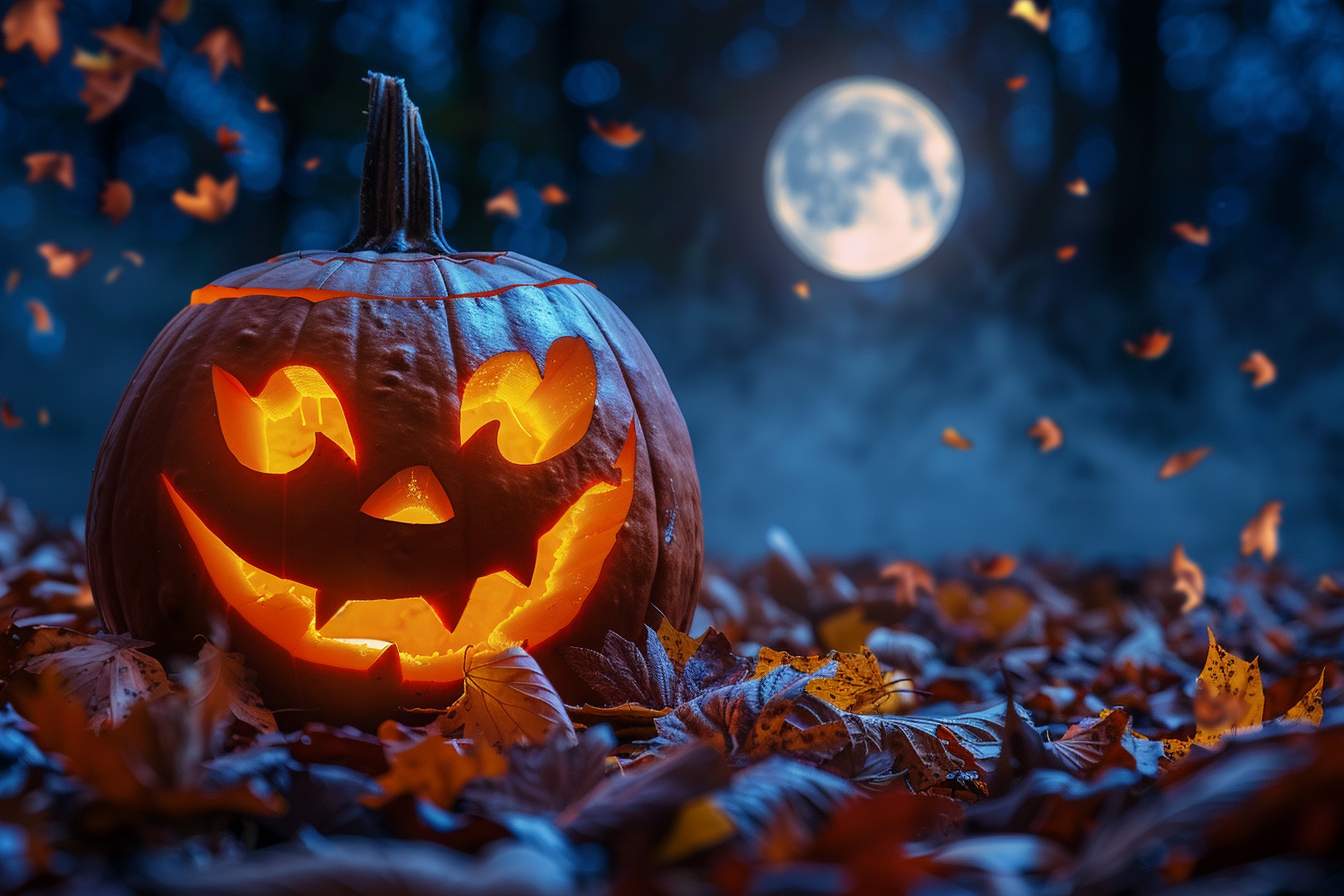 Image gratuite Citrouille jack-o-lantern monstrueuse sur feuilles automne 2