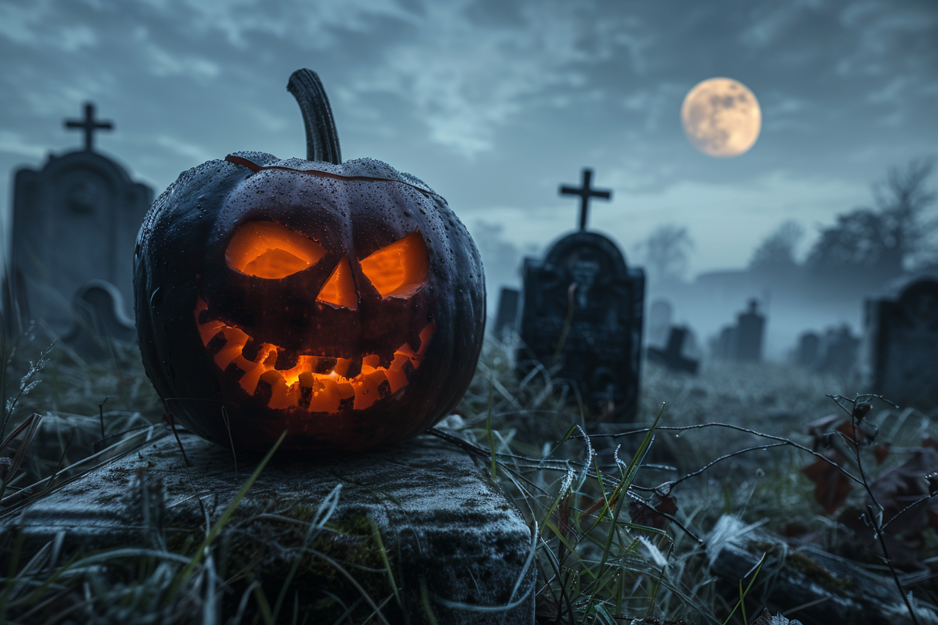 Image gratuite Citrouille jack-o-lantern terrifiante dans cimetière brumeux 1