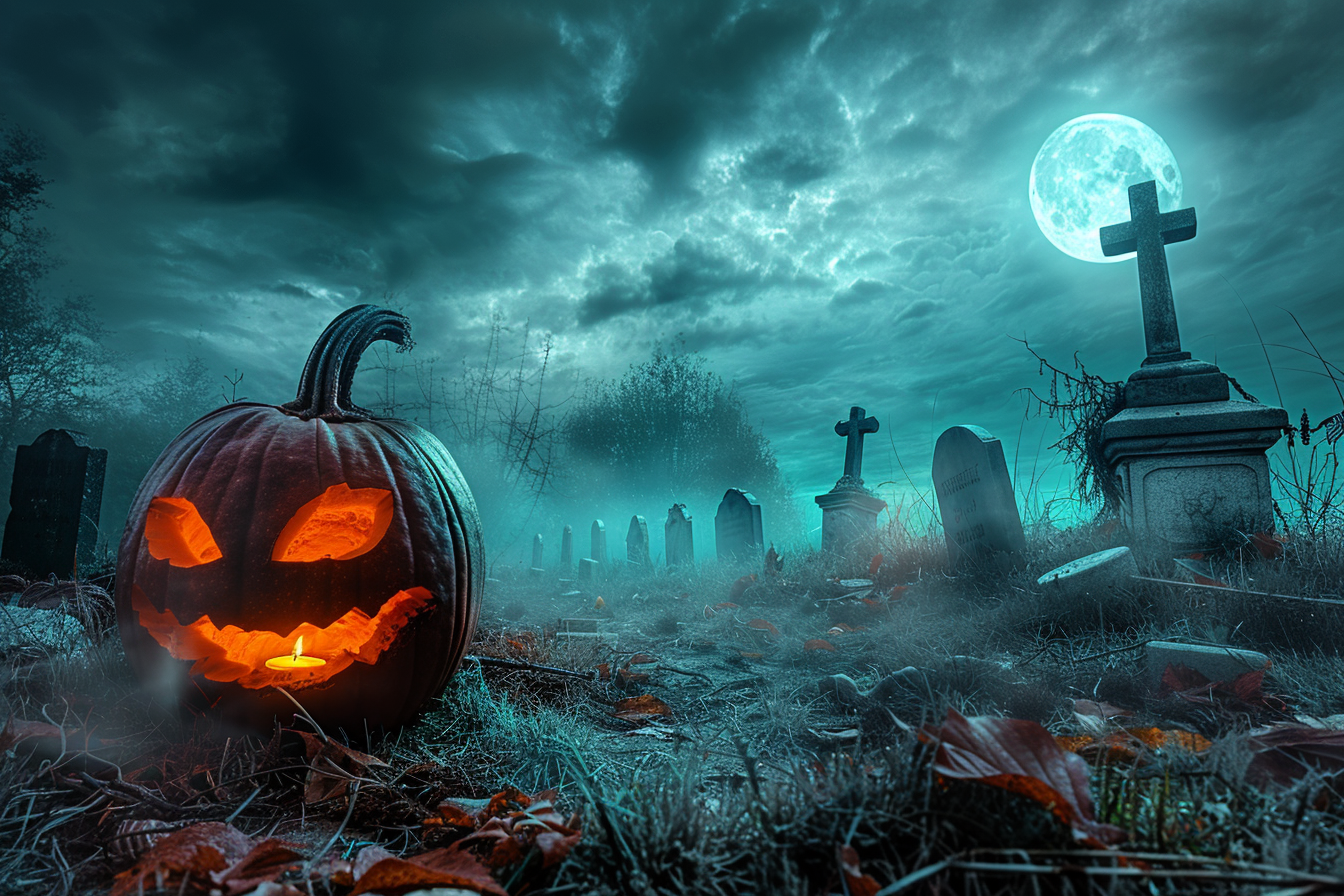Image gratuite Citrouille jack-o-lantern terrifiante dans cimetière brumeux 2