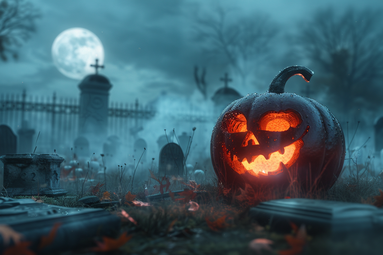 Image gratuite Citrouille jack-o-lantern terrifiante dans cimetière brumeux 3
