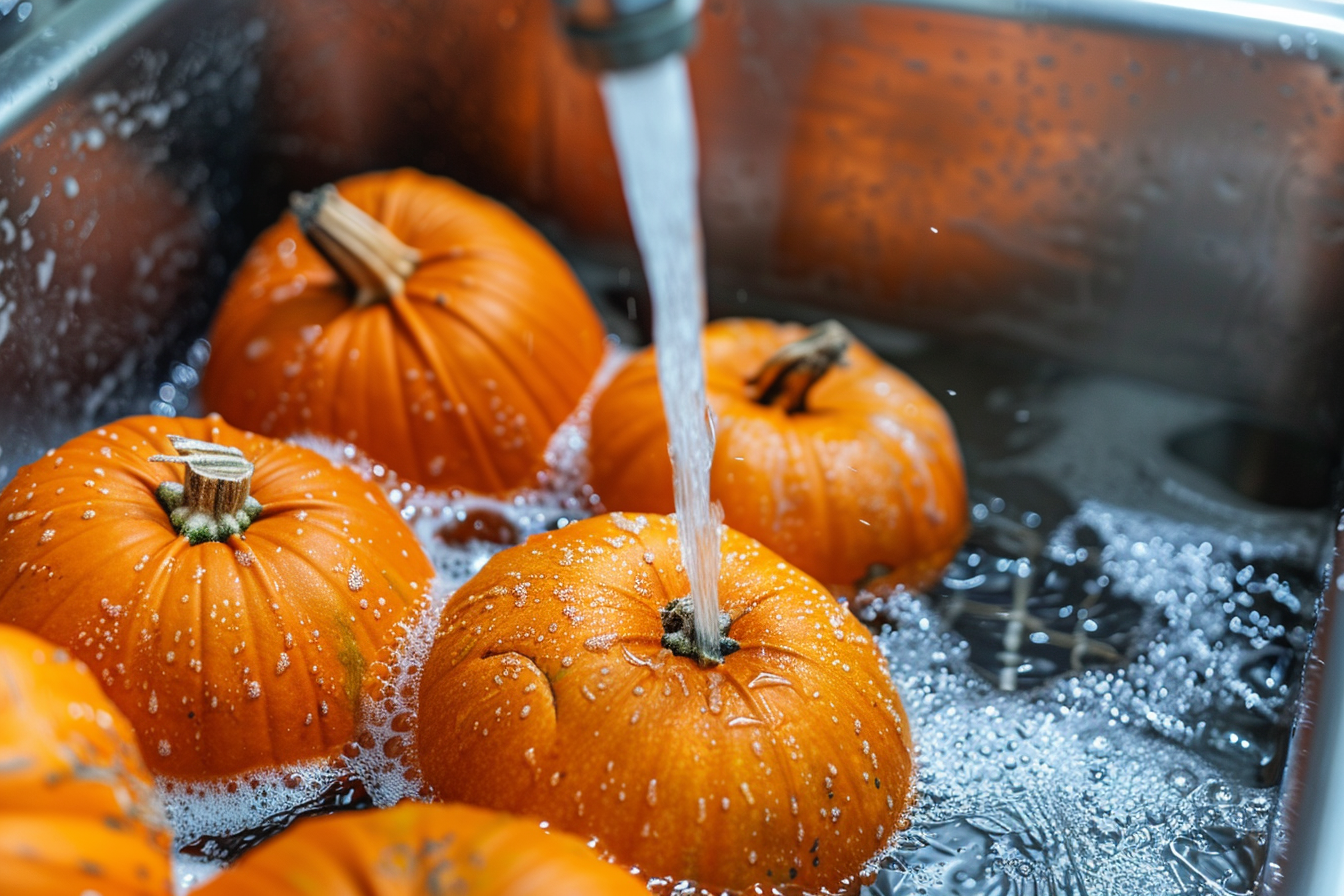 Image gratuite Citrouilles lavées sous eau courante 1