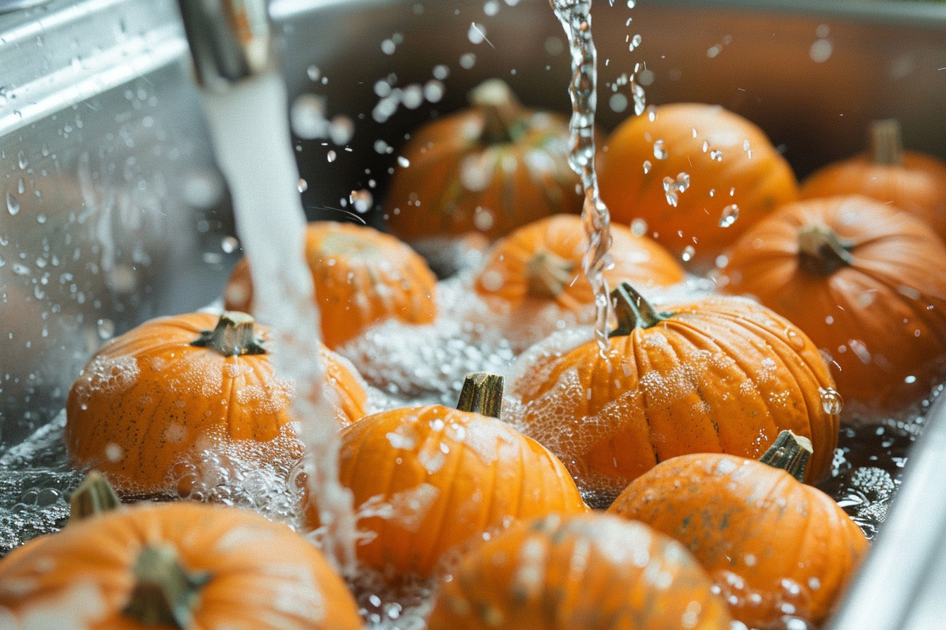 Image gratuite Citrouilles lavées sous eau courante 2