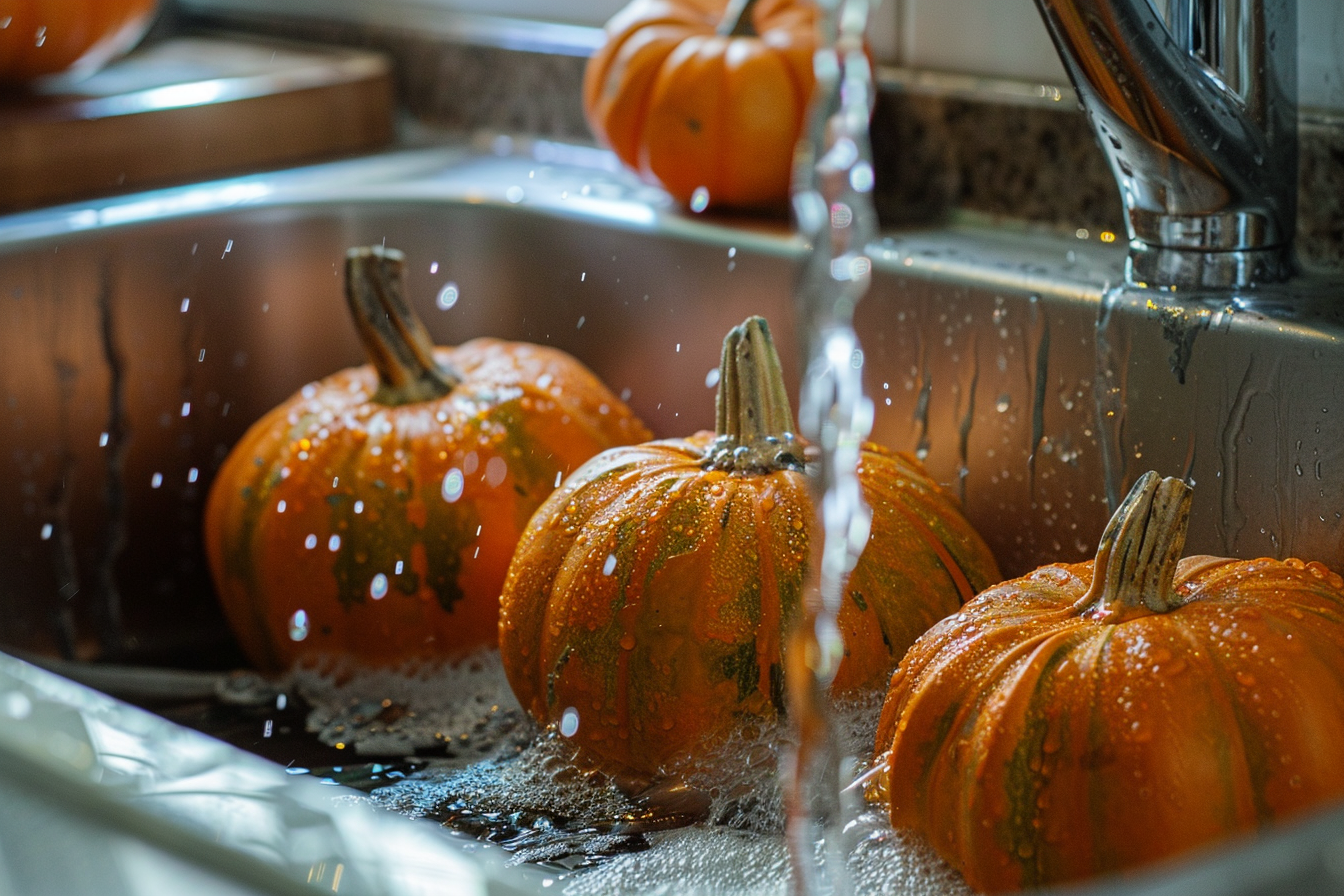 Image gratuite Citrouilles lavées sous eau courante 4