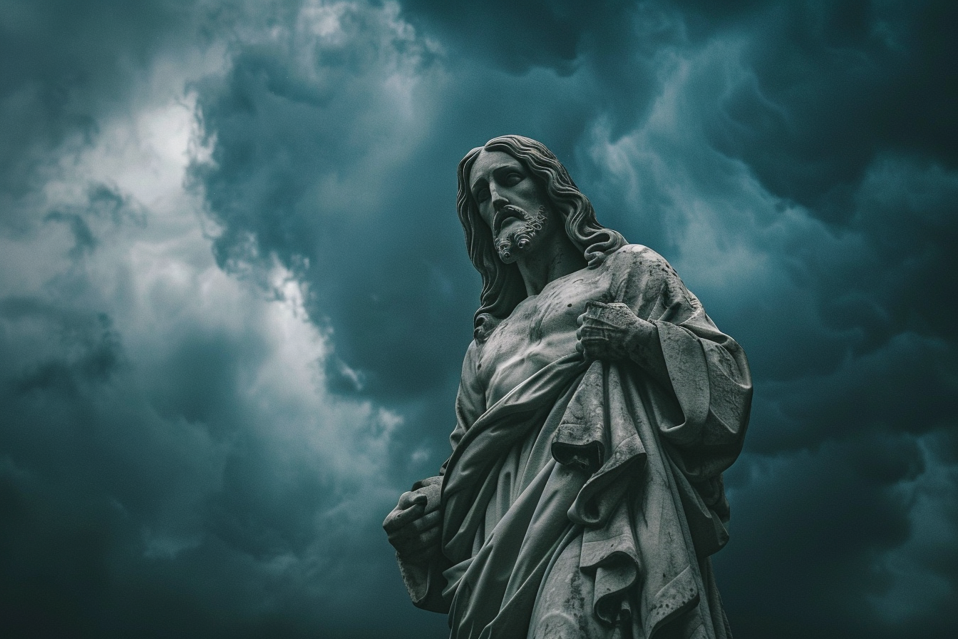 Image gratuite Cliché dramatique statue Jésus, ciel orageux 1