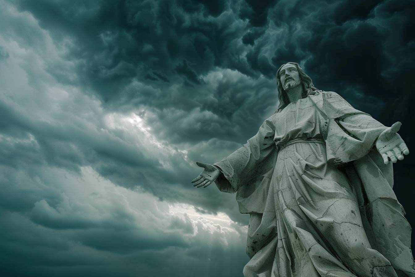Image gratuite Cliché dramatique statue Jésus, ciel orageux 2