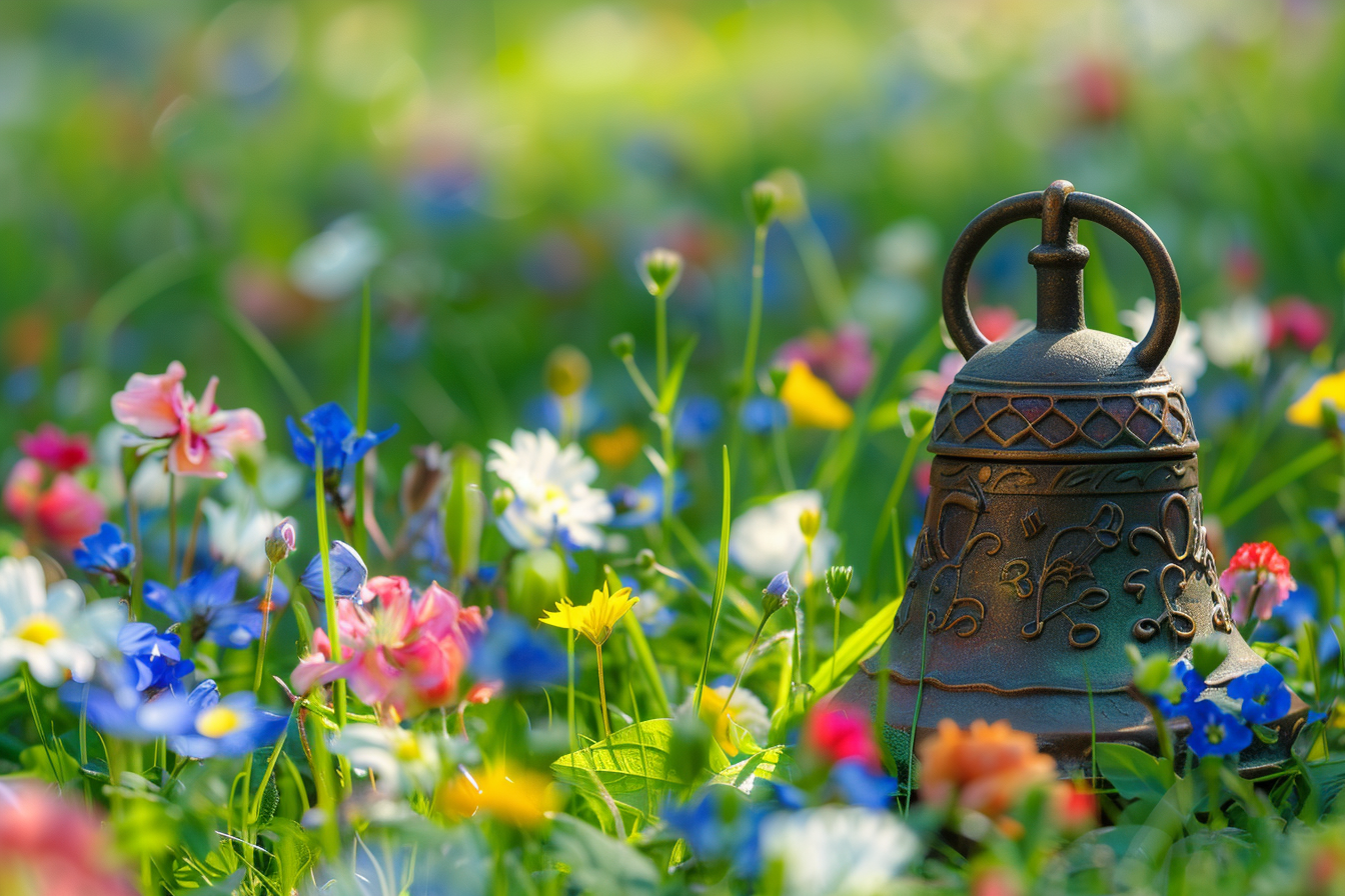 Image gratuite Cloche bronze, prairie fleurie, printemps 1