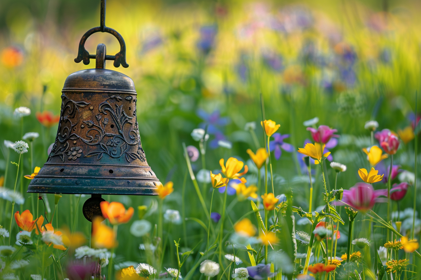 Image gratuite Cloche bronze, prairie fleurie, printemps 2
