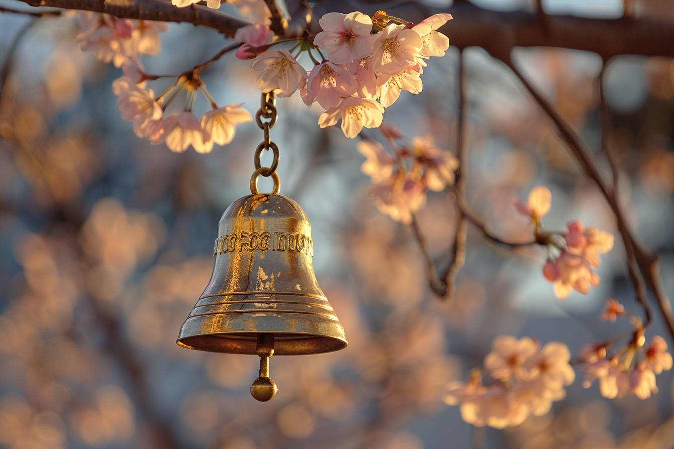 Image gratuite Cloche dorée, cerisier fleuri 1