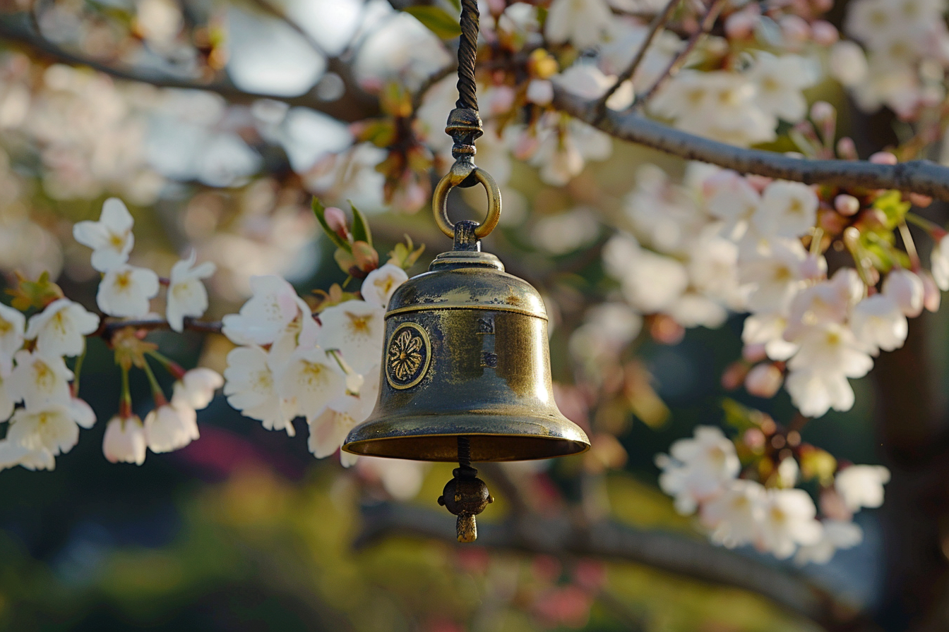 Image gratuite Cloche dorée, cerisier fleuri 2