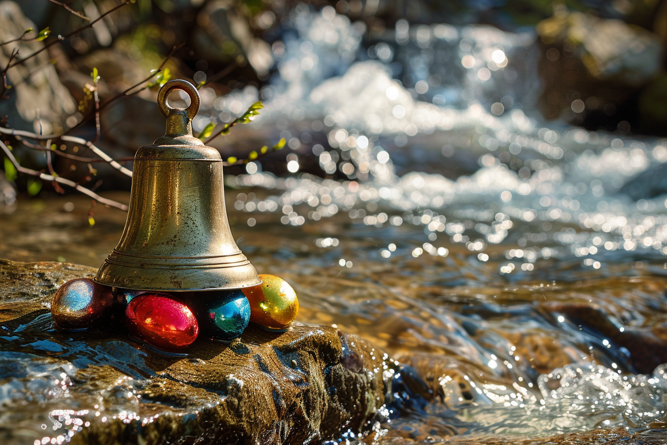 Image gratuite Cloche en argent, œufs éclatants, ruisseau scintillant 1