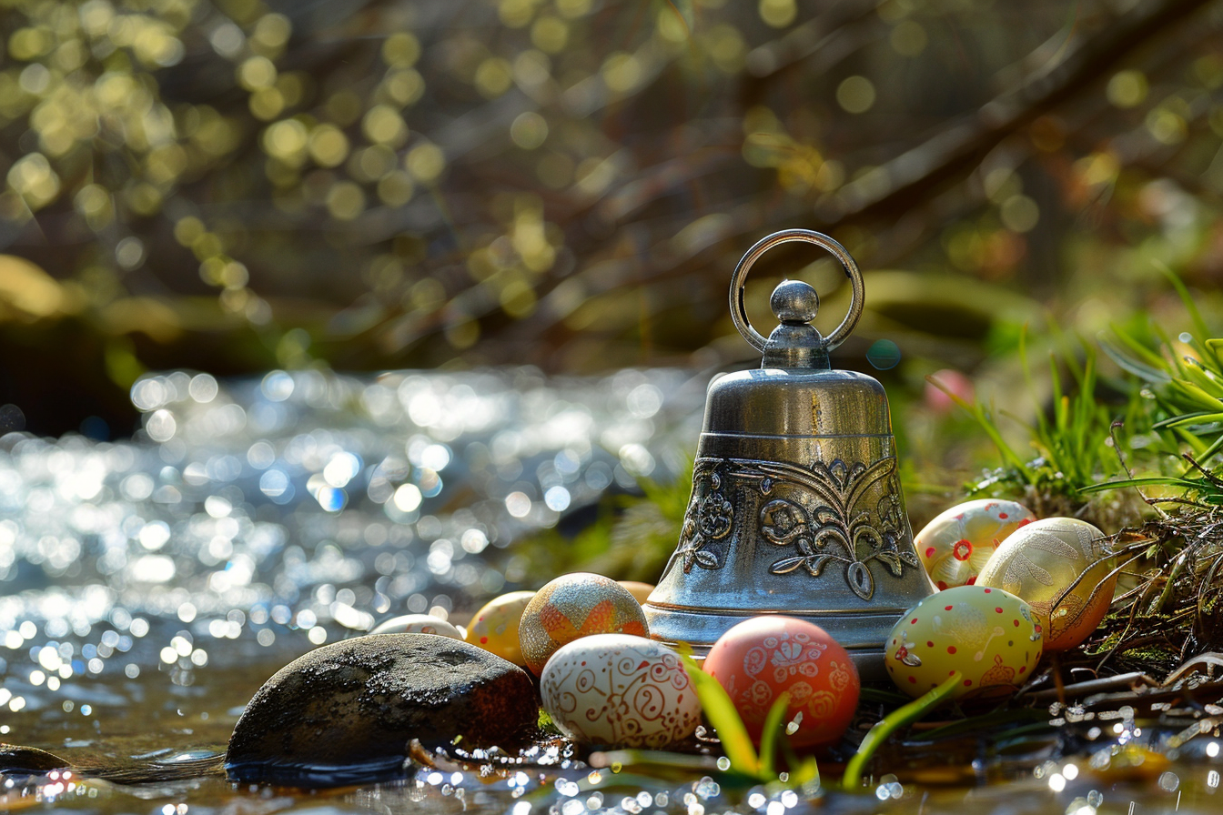 Image gratuite Cloche en argent, œufs éclatants, ruisseau scintillant 2