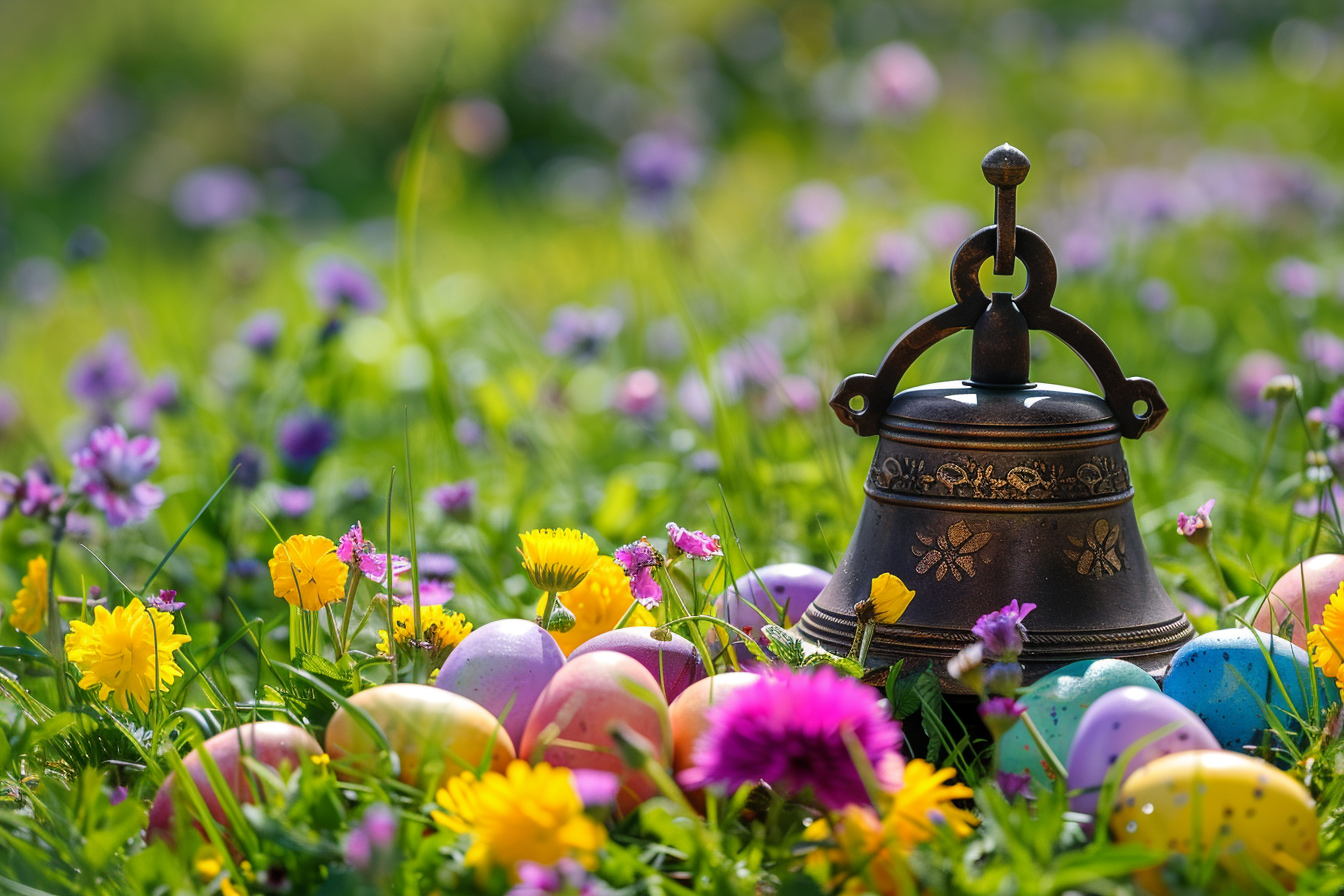Image gratuite Cloche en bronze, œufs colorés, prairie fleurie 1