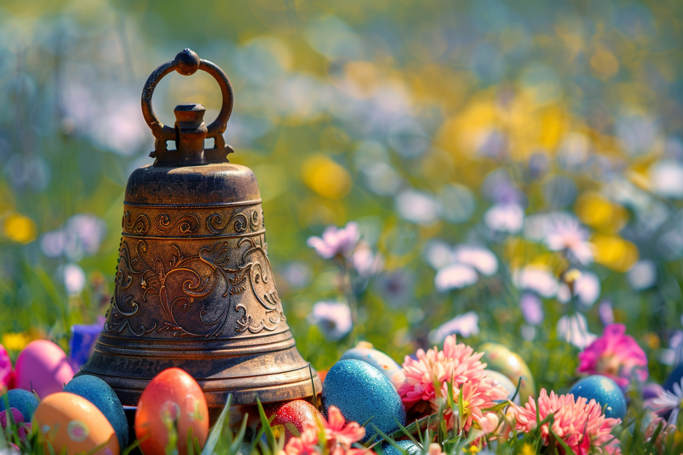 Image gratuite Cloche en bronze, œufs colorés, prairie fleurie 2