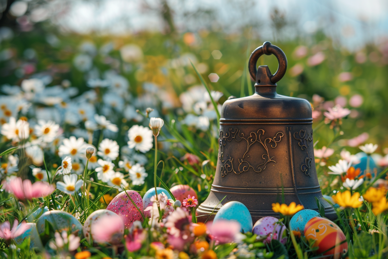 Image gratuite Cloche en bronze, œufs colorés, prairie fleurie 3