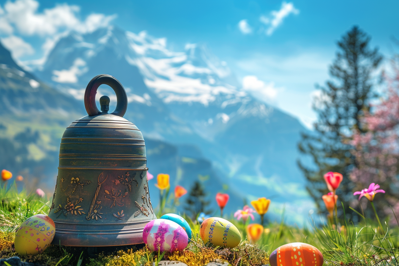 Image gratuite Cloche, œufs colorés, montagnes, ciel bleu clair 1