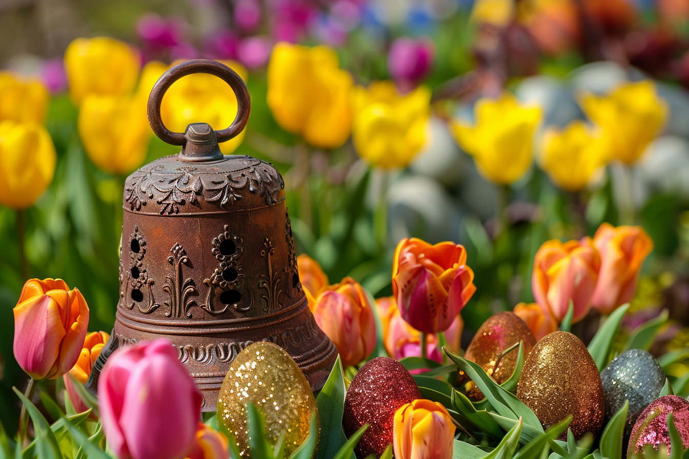 Image gratuite Cloche ornée, œufs scintillants, parterre de tulipes 1