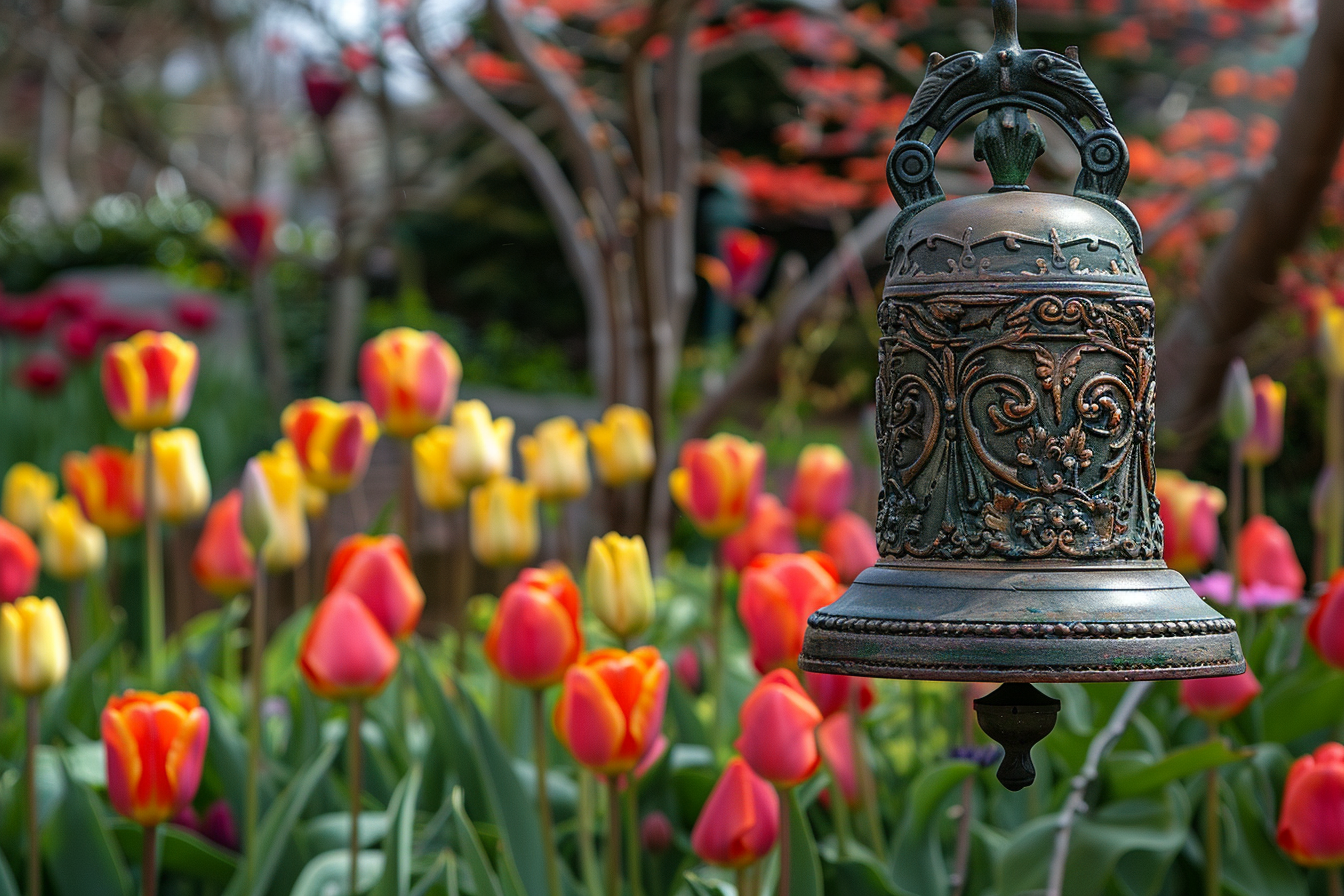 Image gratuite Cloche ornée, parterre de tulipes vibrantes 1