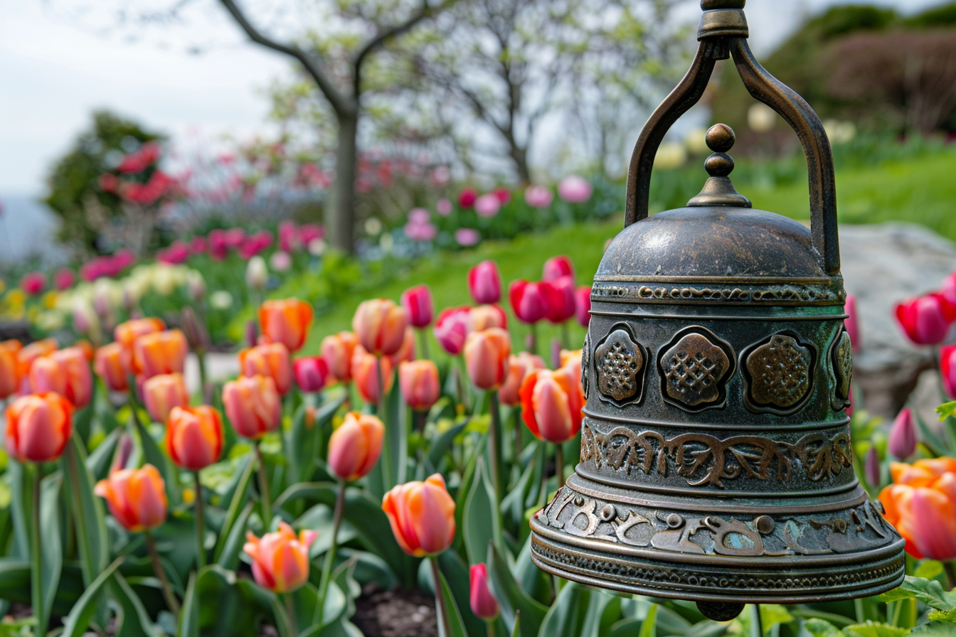Image gratuite Cloche ornée, parterre de tulipes vibrantes 2