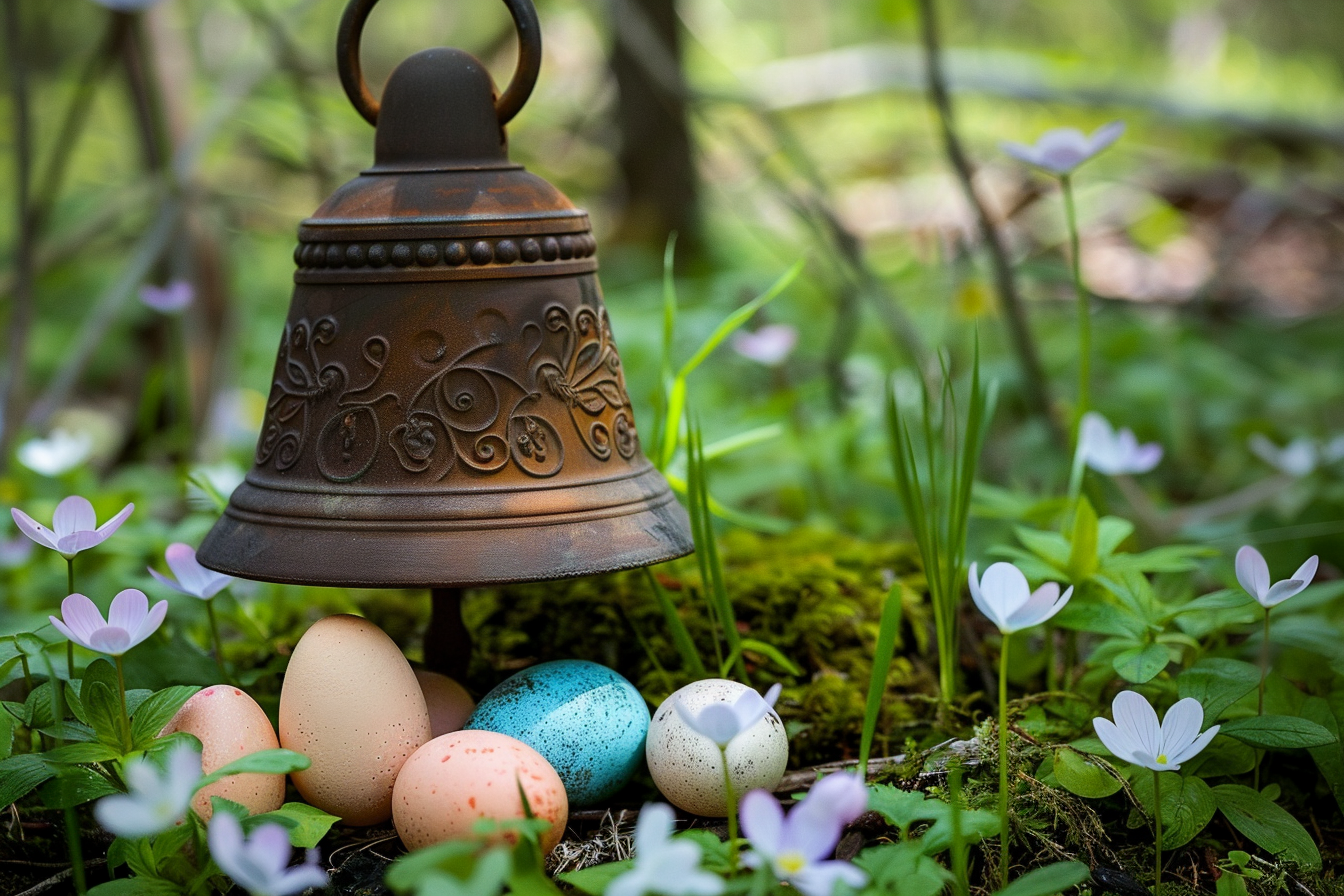 Image gratuite Cloche sculptée, œufs pastel, clairière enchantée 1