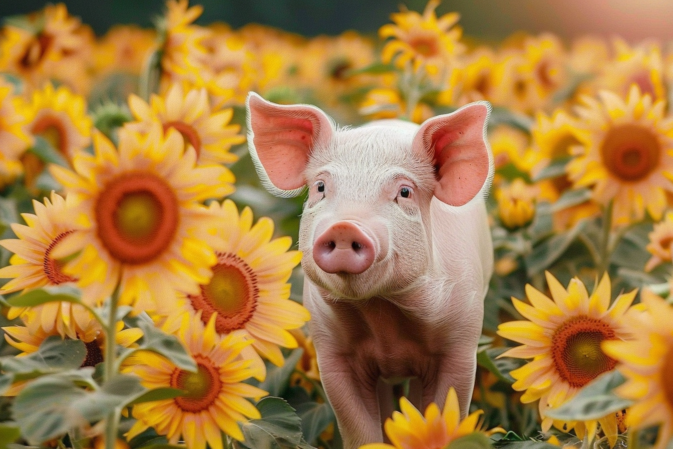 Image gratuite Cochon dans champ de tournesols 1