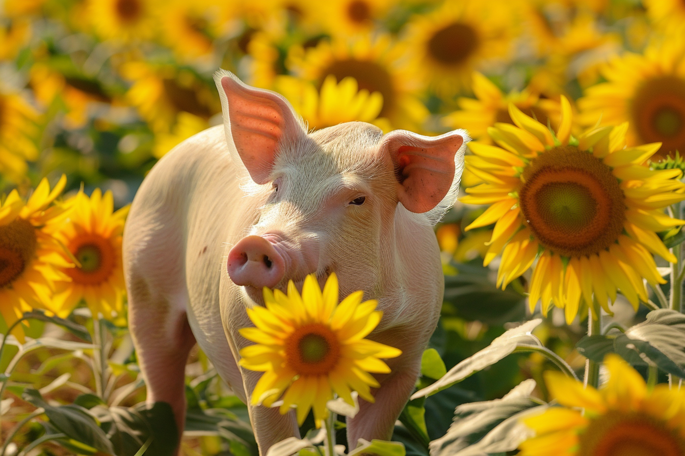 Image gratuite Cochon dans champ de tournesols 3