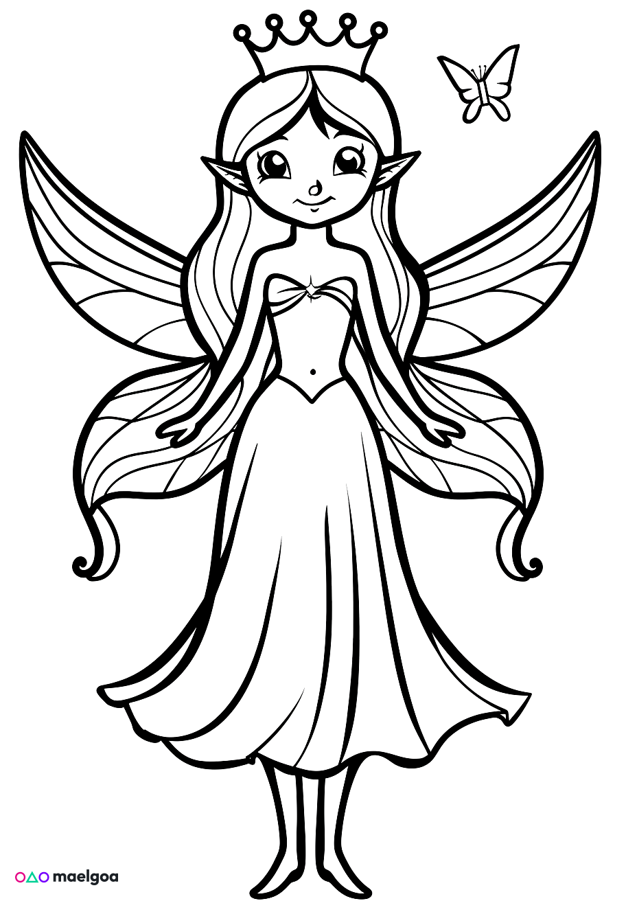 Image gratuite Coloriage fée couronne robe fluide 1