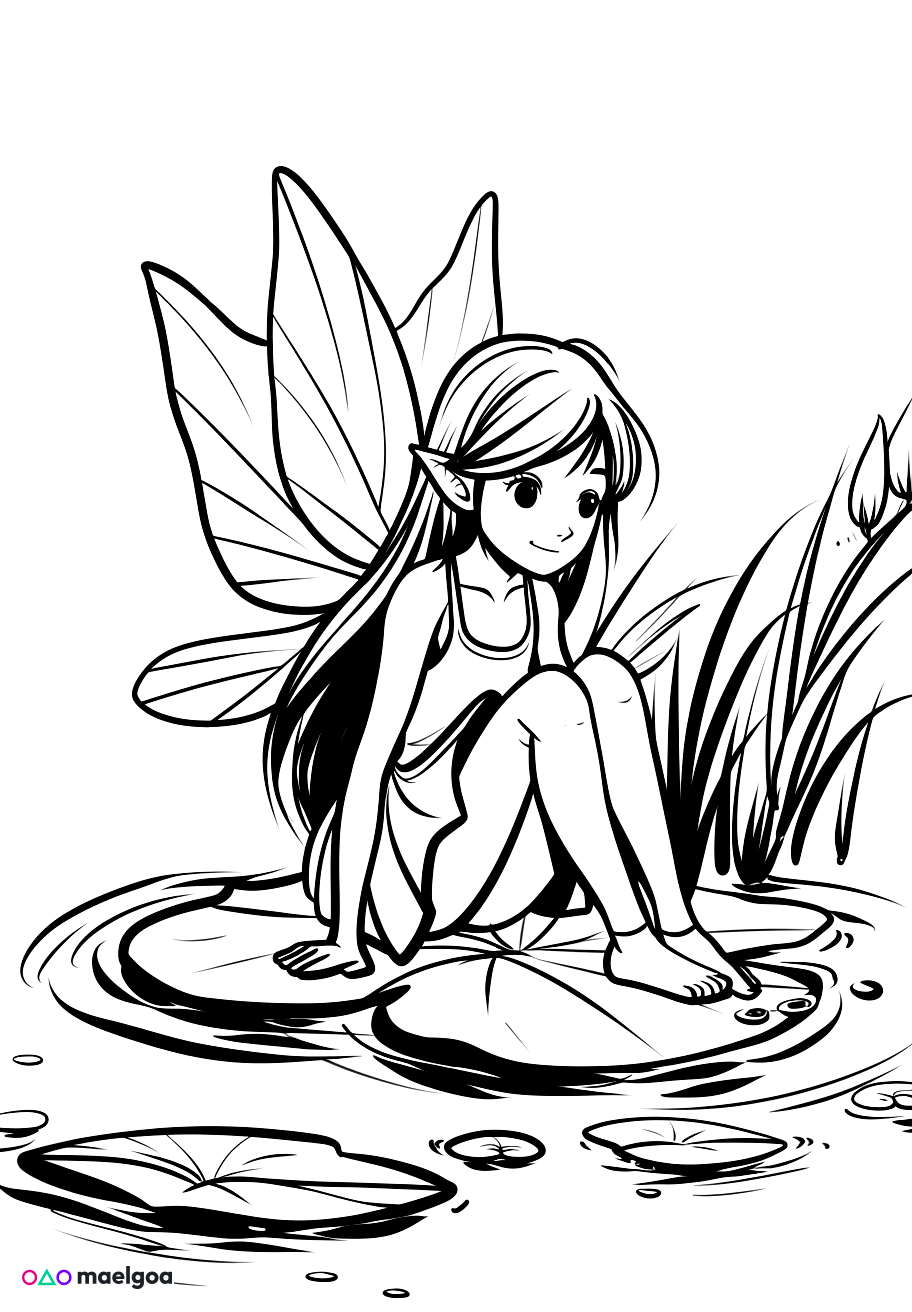 Image gratuite Coloriage fée feuille étang 1