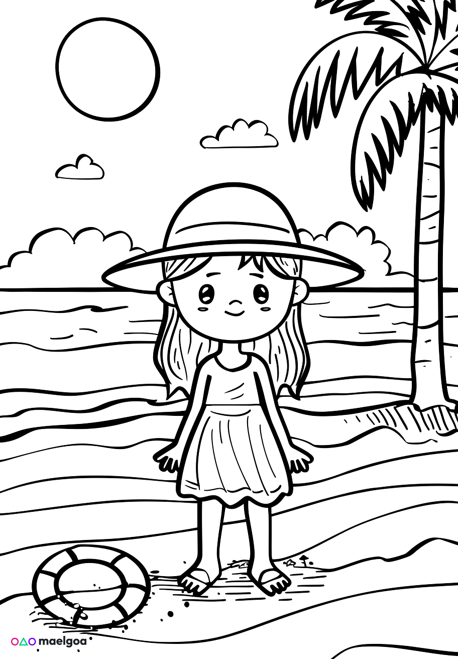 Image gratuite Coloriage fille à la plage 1