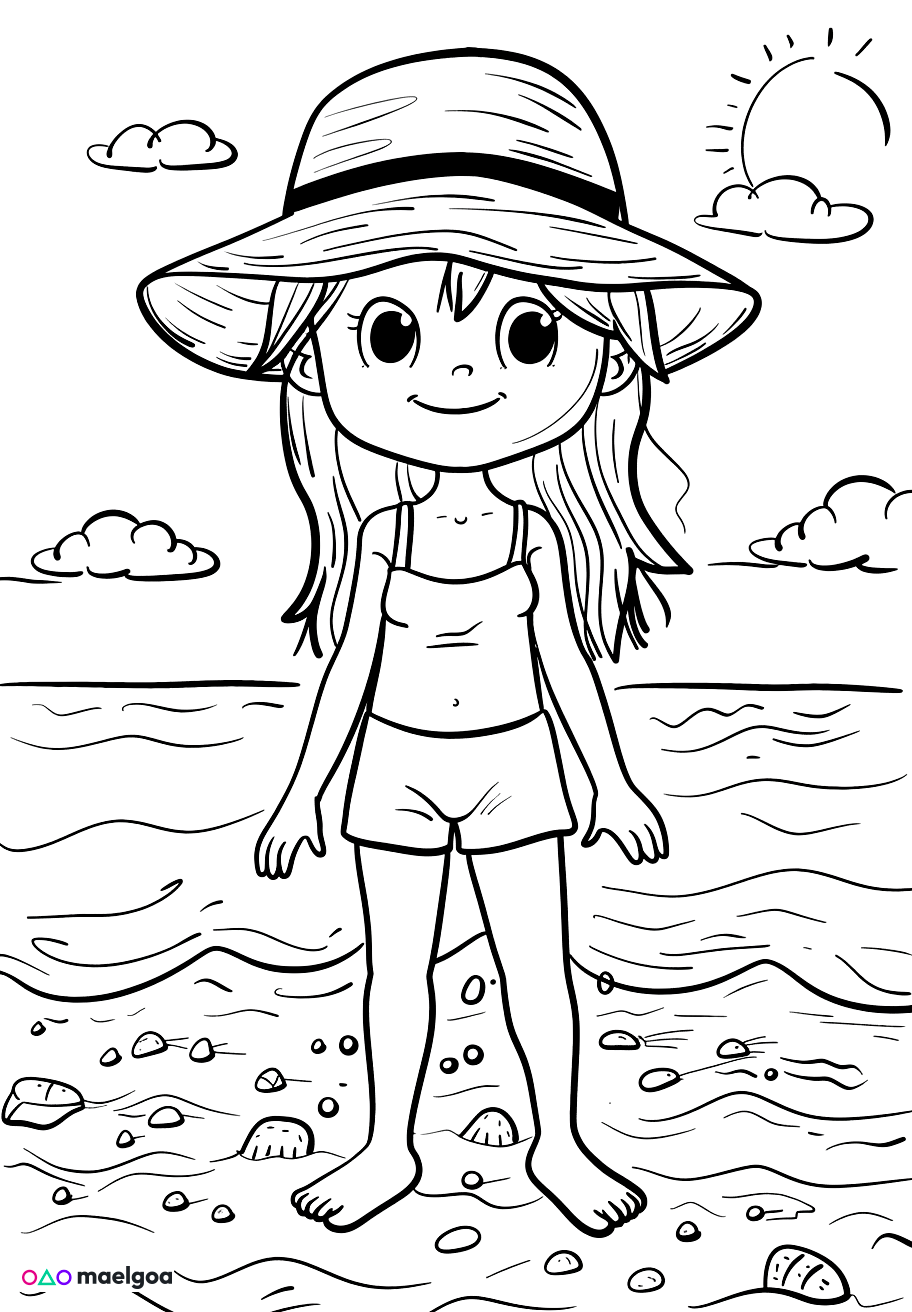 Image gratuite Coloriage fille à la plage 3