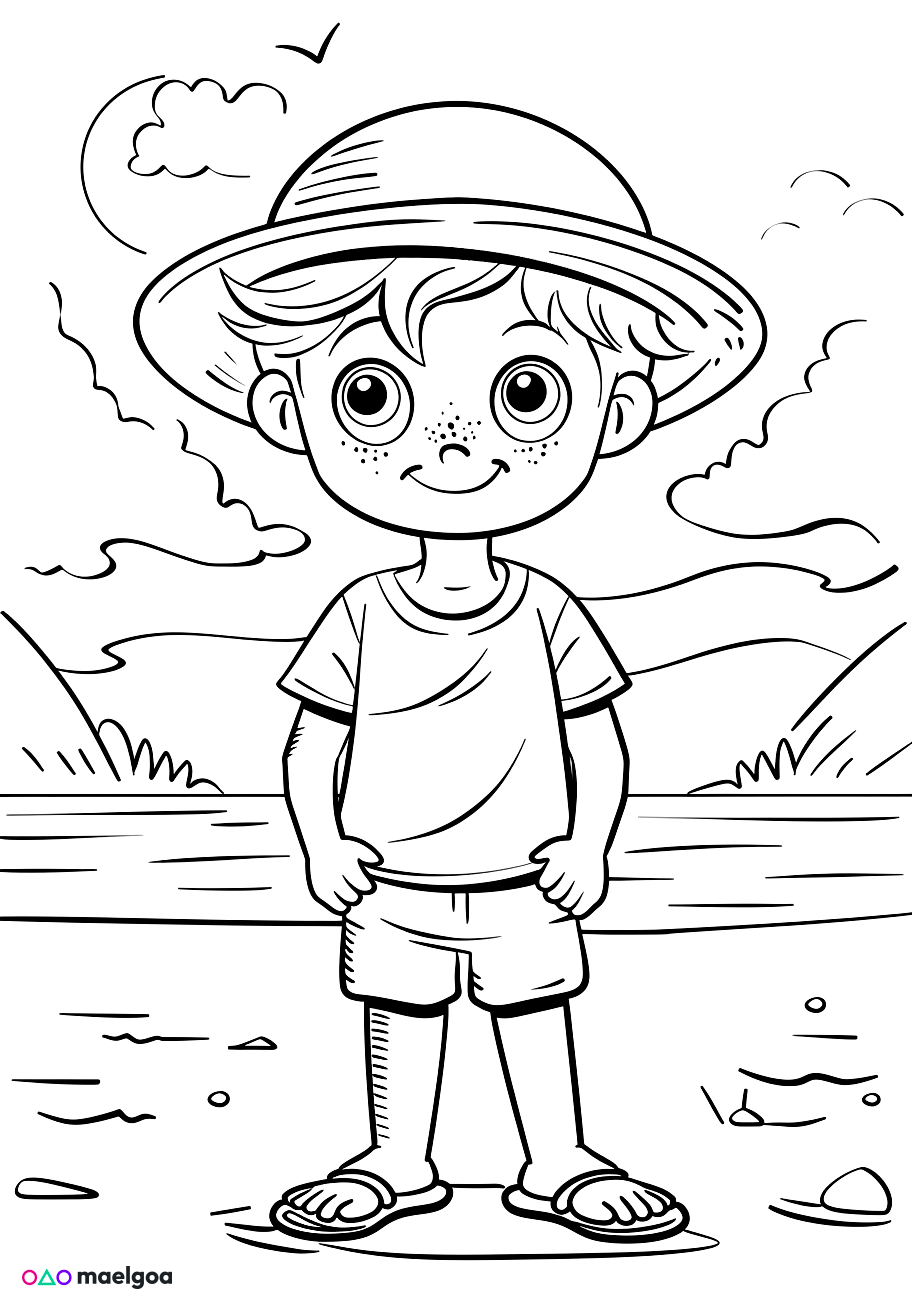 Image gratuite Coloriage garçon à la plage 1