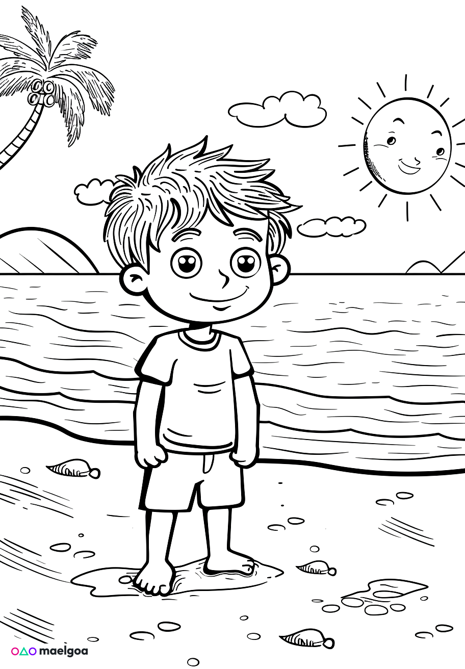 Image gratuite Coloriage garçon à la plage 2