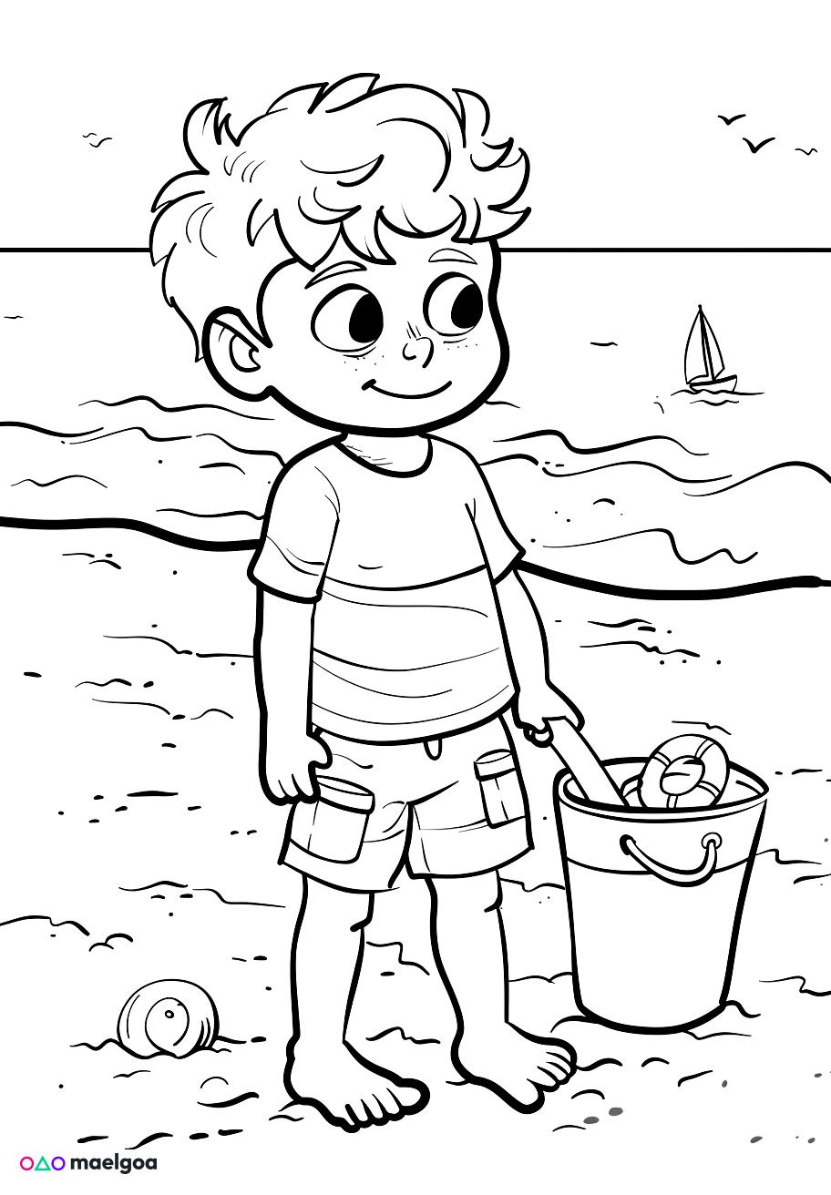 Image gratuite Coloriage garçon à la plage 3