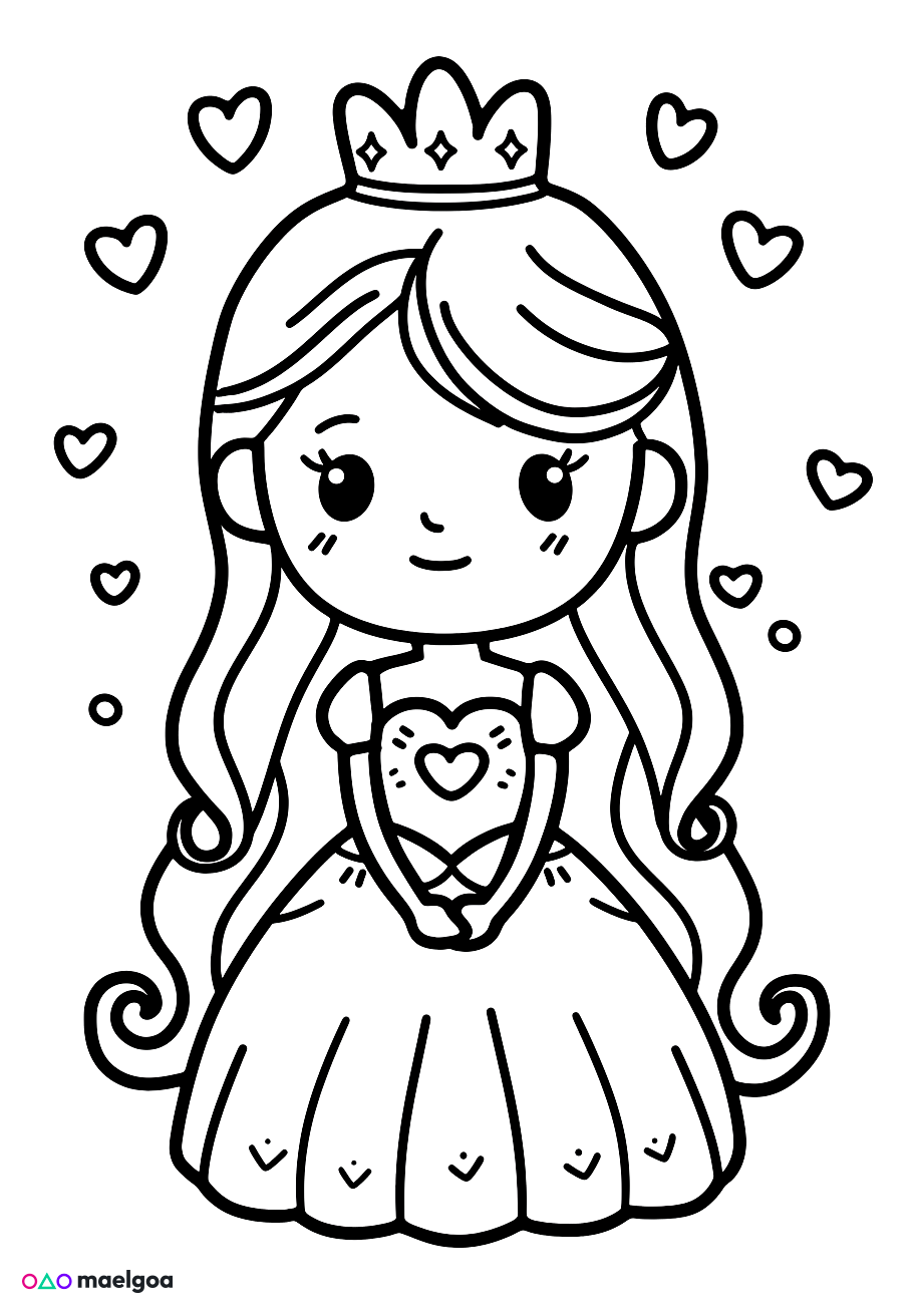 Image gratuite Coloriage princesse cœurs 1