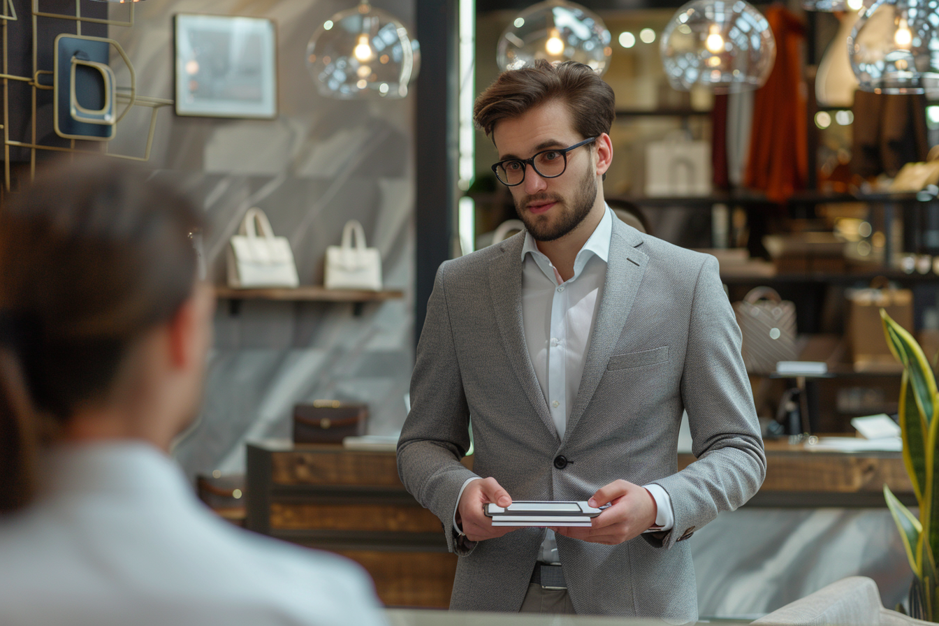 Image gratuite Consultante commerciale costume gris, showroom haut de gamme 1