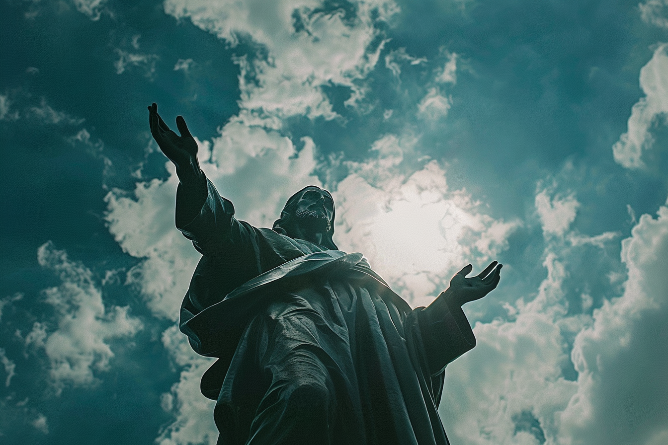 Image gratuite Contre-plongée statue Jésus, ciel nuageux 1