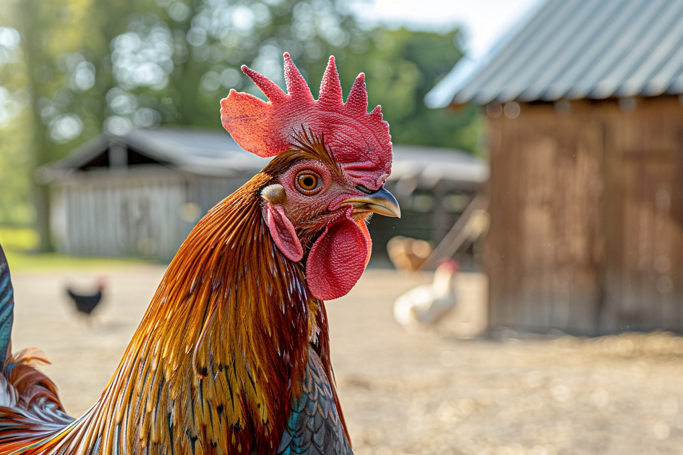 Image gratuite Coq se pavanant dans basse-cour ensoleillée 1
