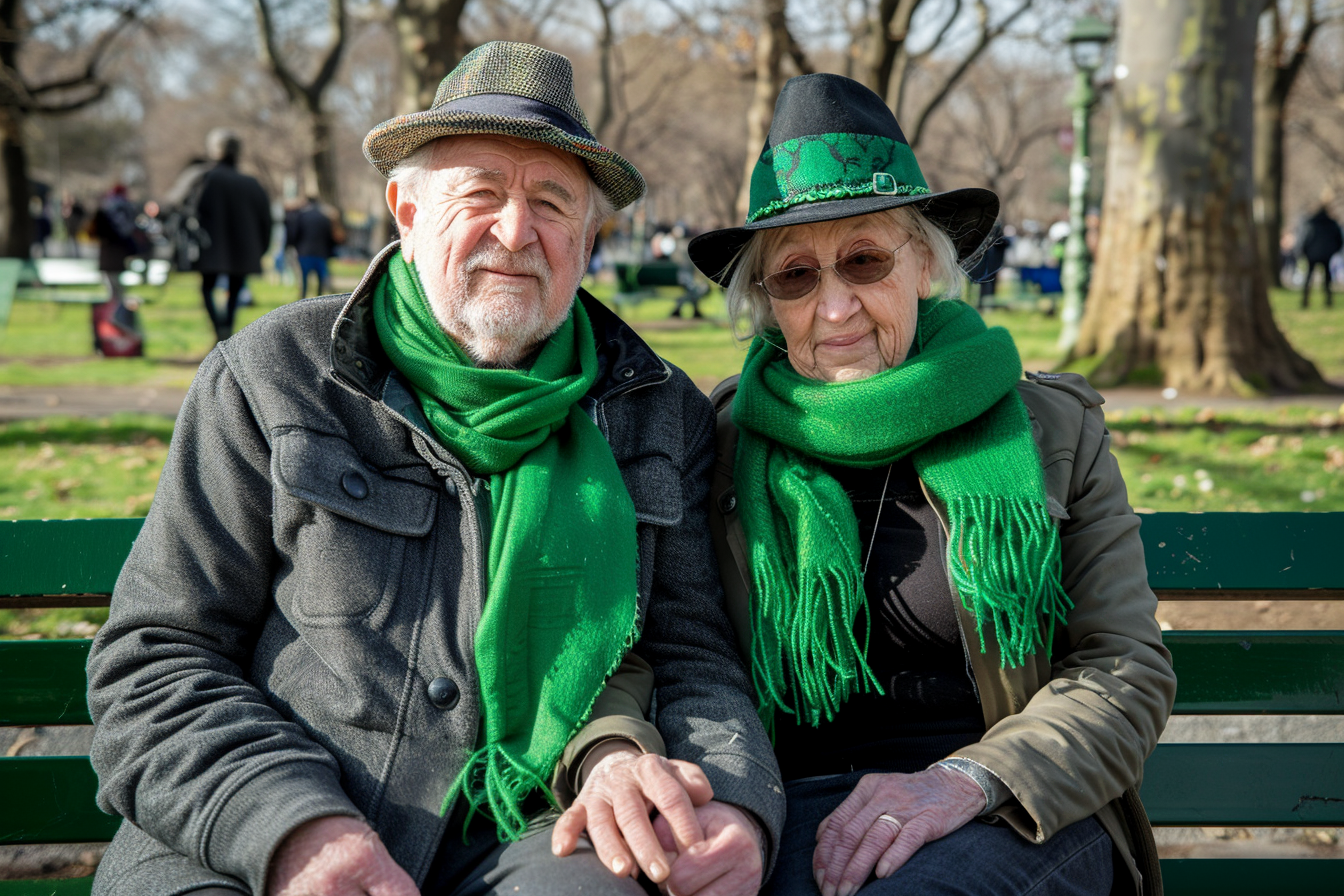 Image gratuite Couple âgé, banc parc, écharpes vertes, main dans main 1