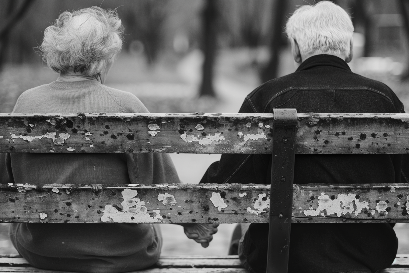 Image gratuite Couple âgé, main dans main, banc parc 1