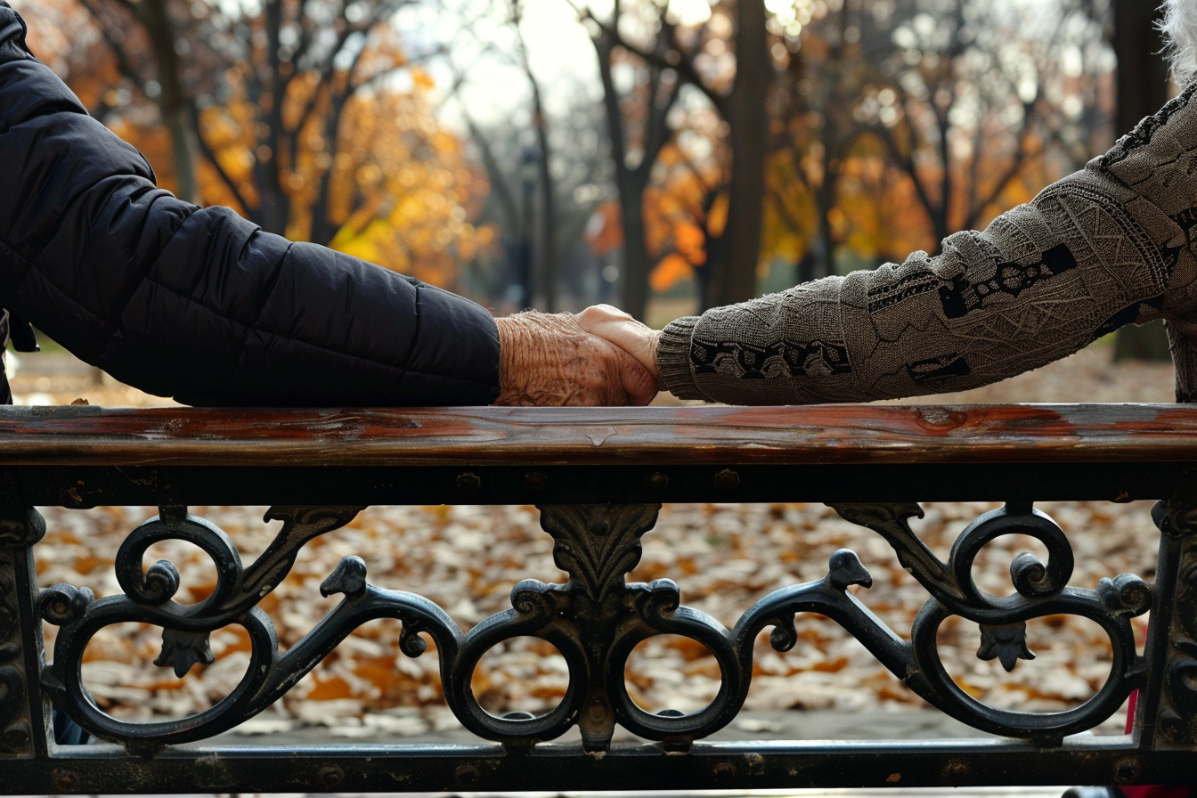 Image gratuite Couple âgé, main dans main, banc parc 2