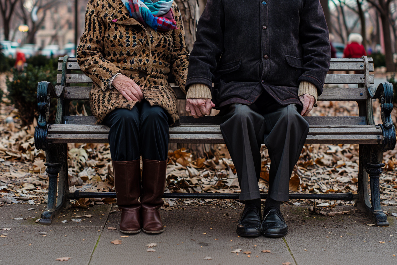 Image gratuite Couple âgé, main dans main, banc parc 3