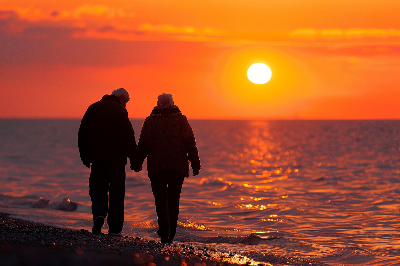Image gratuite Couple âgé, tenant mains, coucher soleil, plage 1