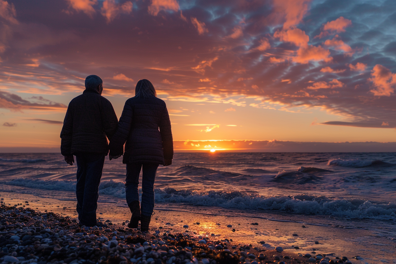 Image gratuite Couple âgé, tenant mains, coucher soleil, plage 2