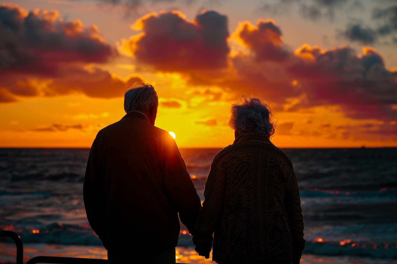 Image gratuite Couple âgé, tenant mains, coucher soleil, plage 3