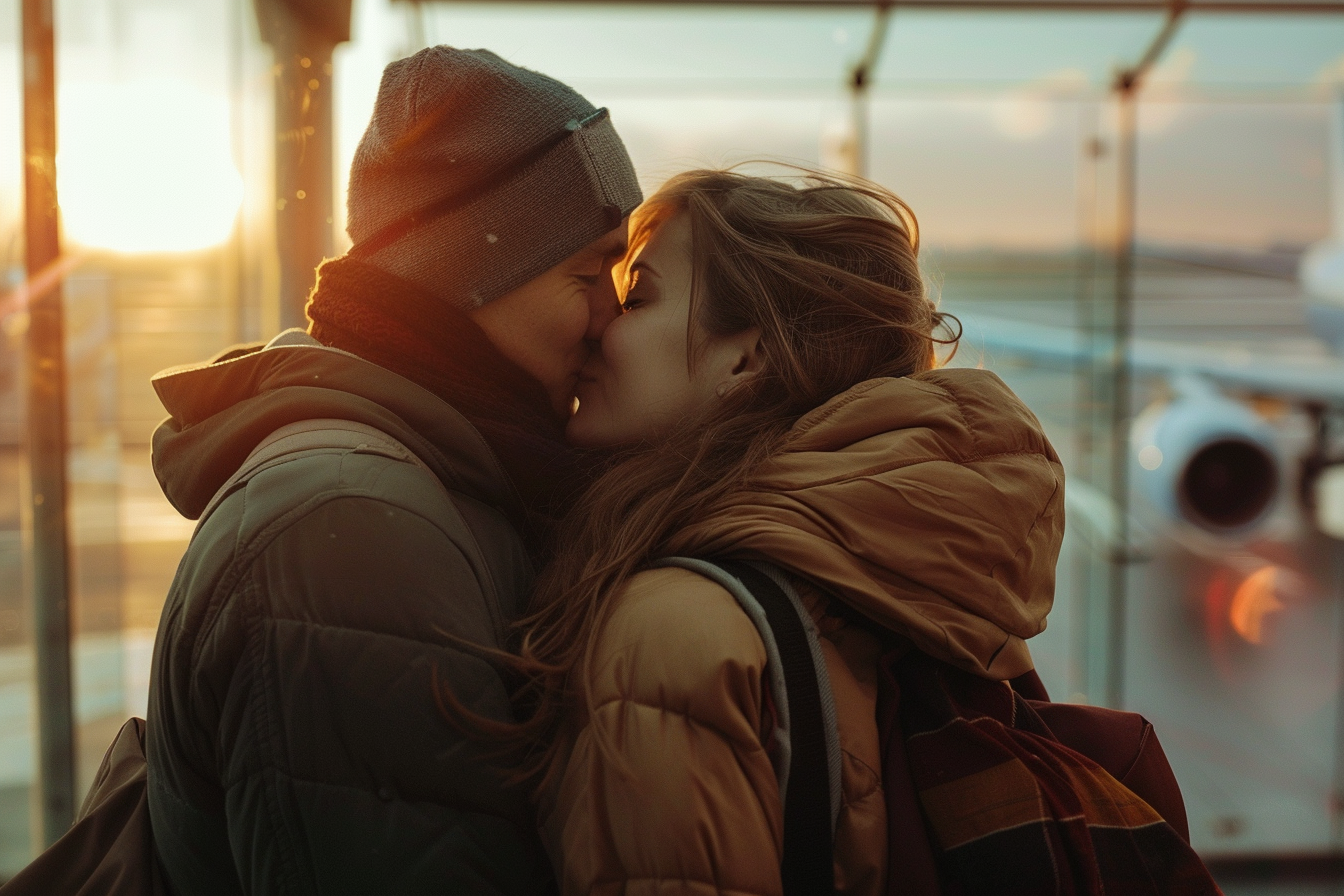 Image gratuite Couple s’embrassant avant porte d’embarquement à l&rsquo;aéroport 1
