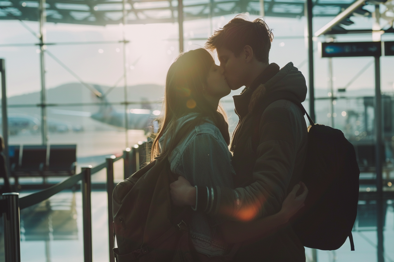 Image gratuite Couple s’embrassant avant porte d’embarquement à l&rsquo;aéroport 4