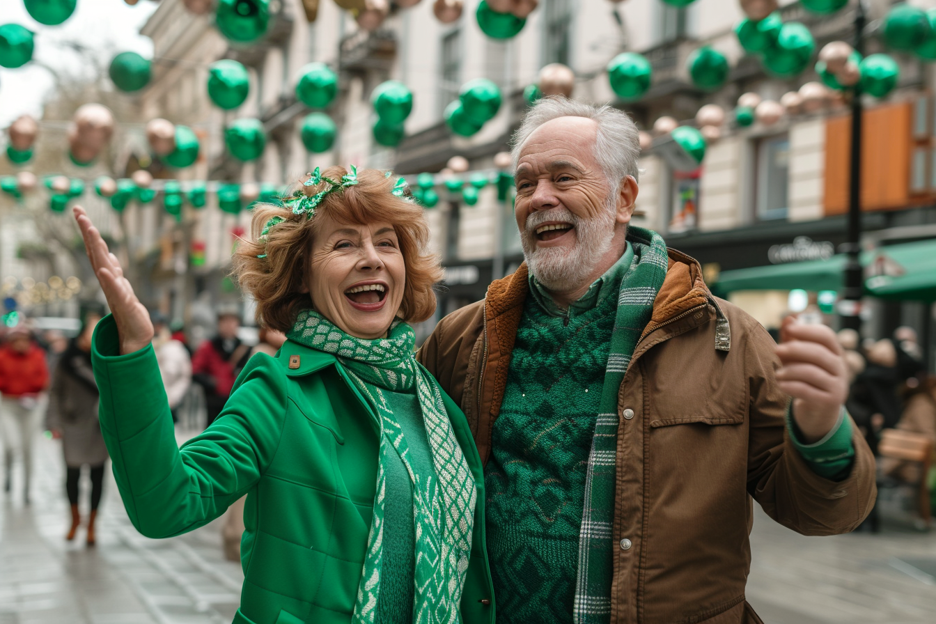 Image gratuite Couple, tenues vertes, dansant, place décorée, Saint-Patrick 2